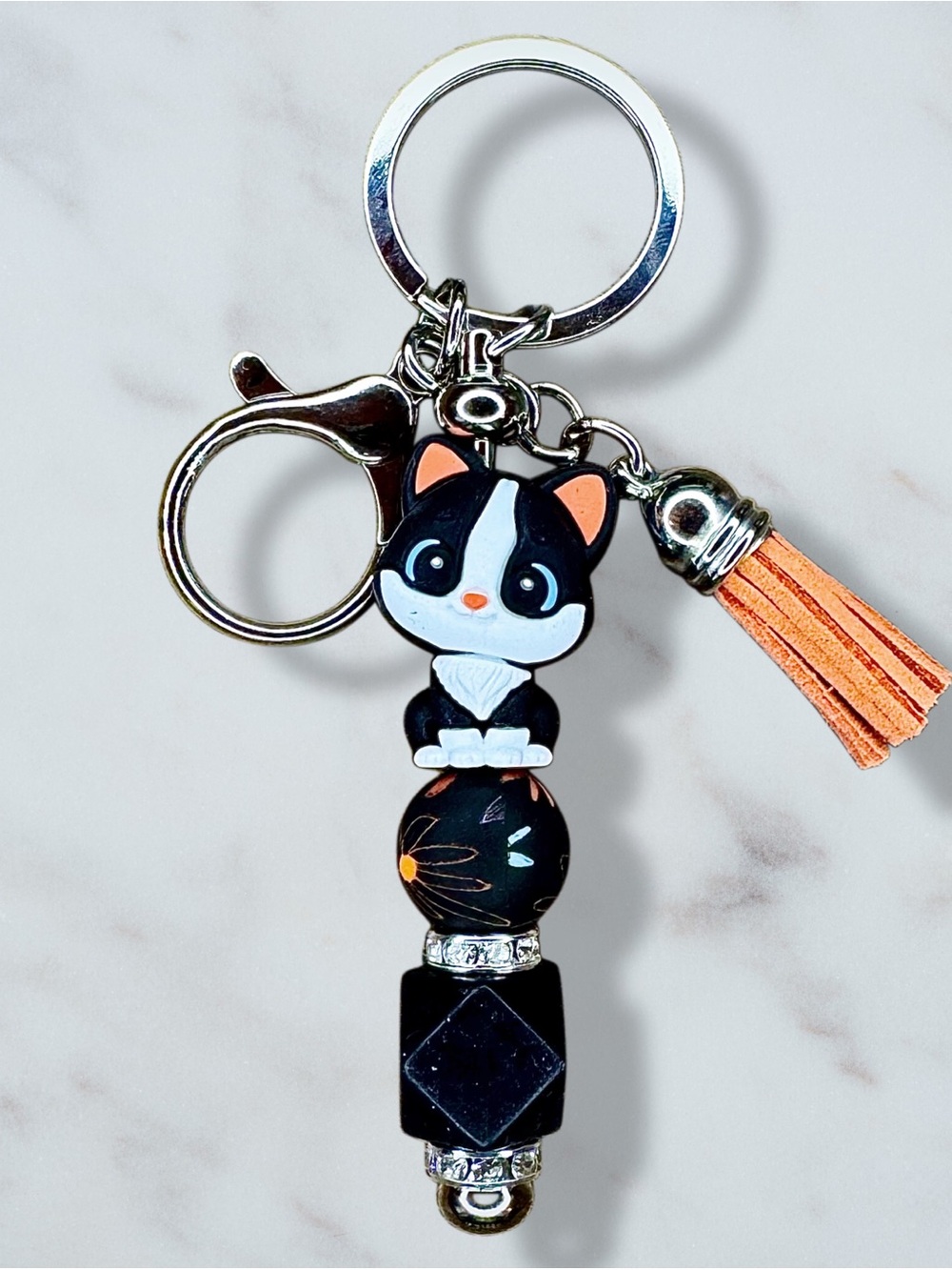Kitty Cat 3D Floral Beaded Keychain - Picture 1 of 1